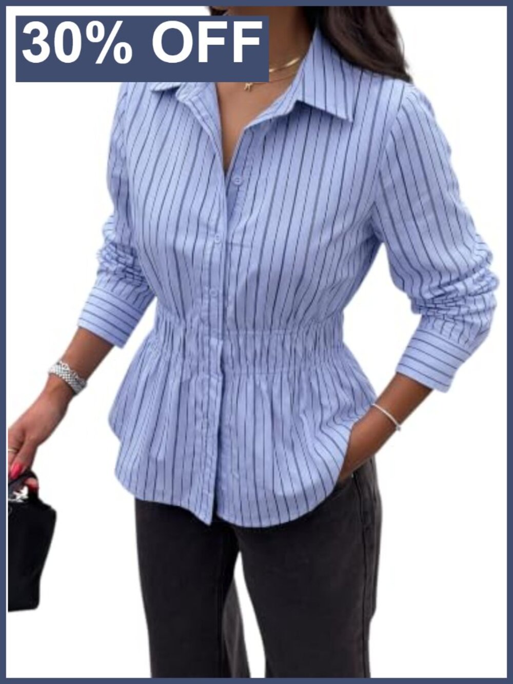 Women's Cotton Peplum Button Down Blouse Smocked Waist Work Top